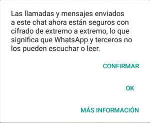 Al pulsar sobre el mensaje mostrado se proporcionan las opciones de confirmar la identidad de los dispositivos involucrados en la comunicación (QR o mediante bytes) así como la de obtener información acerca de la encriptación.