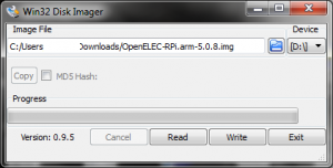 Win32 Disk Imager con imagen OpenELEC y tarjeta SD seleccionados