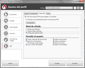 Configuración de la seguridad del PDF en los ajustes.