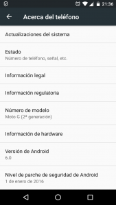 Información relativa a la versión de Android en la sección de ajustes.