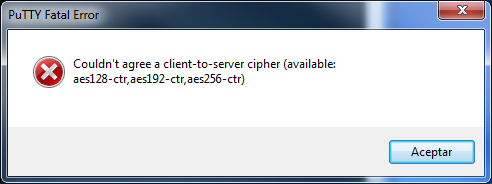 Error de Putty "Couldn't agree a client-to-server cipher"