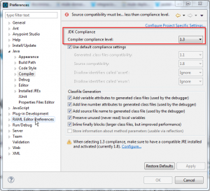 Versión del JDK incorrecta en la configuración del compilador de Java en Anypoint Studio.