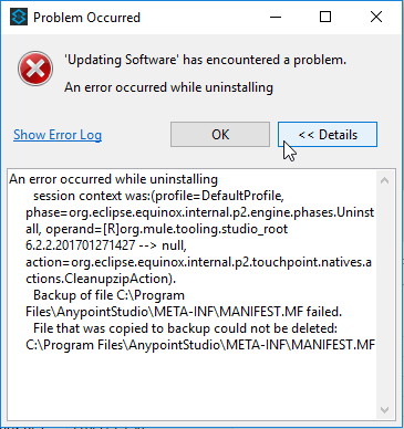 Anypoint Studio dialog: Problem occurred while uninstalling.