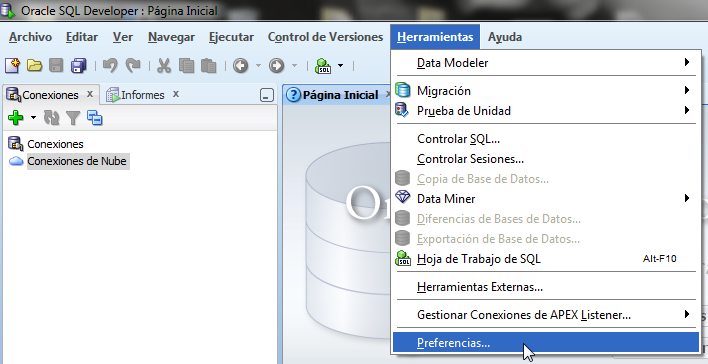 Opción Preferencias en Herramientas de la barra de menús de Oracle SQL Developer.