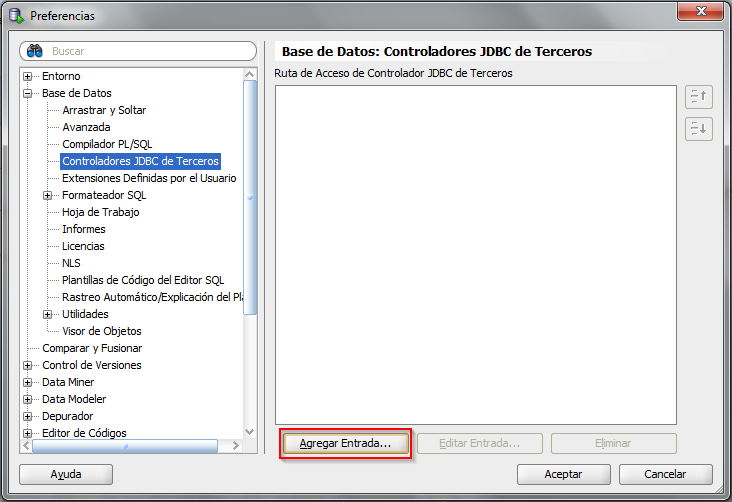 Vista de como agregar una nueva entrada de Controladores JDBC de Terceros en SQL Developer.