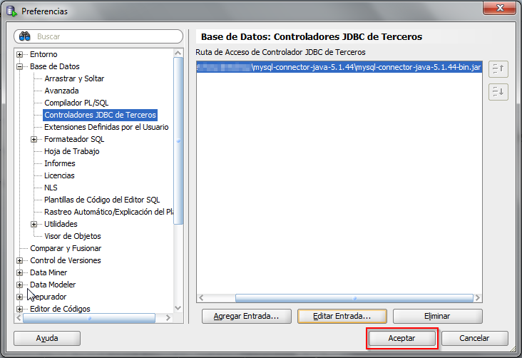 Nueva entrada de Controladores JDBC de Terceros añadida en SQL Developer.