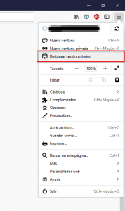 Opción "Restaurar sesión anterior" de Firefox del menú superior derecho.