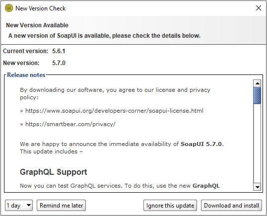Ventana de SoapUI mostrando la actualización de la versión actual 5.6.1 a la nueva 5.7.0
