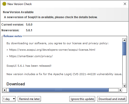 Cuadro de diálogo de advertencia de disponibilidad de la nueva versión 5.6.1 del programa SoapUI