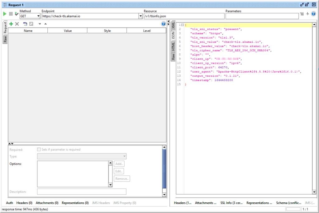 Respuesta JSON del WS de Akamai que confirma que SoapUI lidia con TLS 1.3 sin problema alguno en su última versión