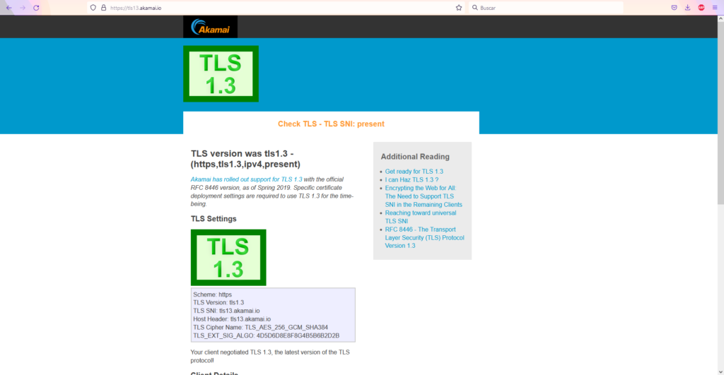 Detalle del validador TLS 1.3 en versión web de Akamai