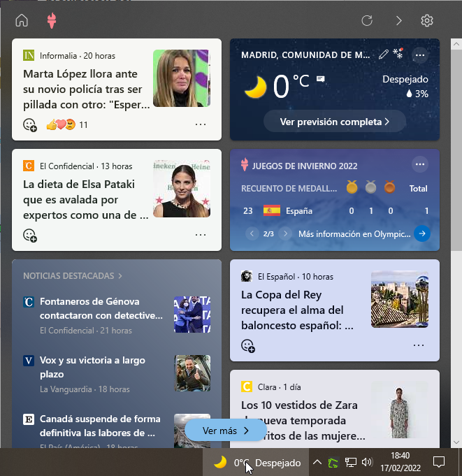 Ejemplo de widget "Noticias e intereses" activado y abierto en la barra de tareas de Windows 10