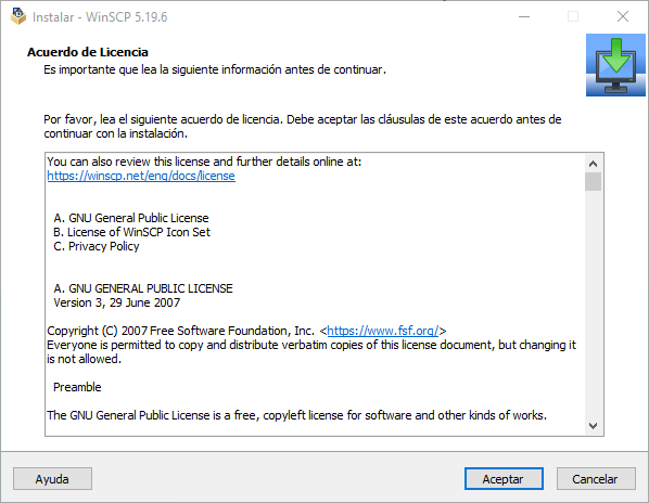 Acuerdo de licencia GPL mostrado durante la instalación de WinSCP 5.19.6