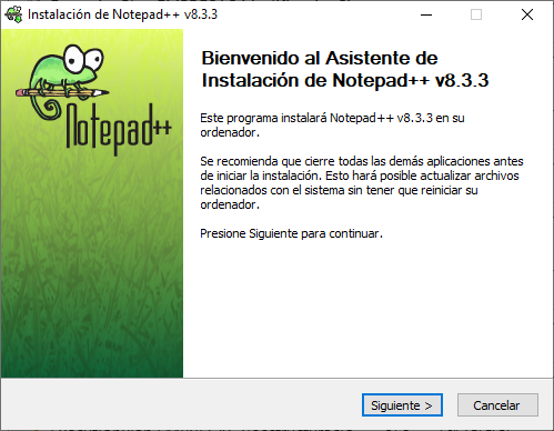 Captura de la primera pantalla del instalador de Notepad++ para actualizar a la versión 8.3.3
