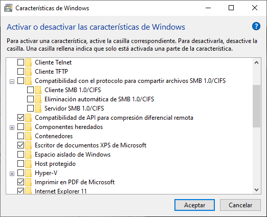 Ventana con las características de Windows sin la compatibilidad de archivos SMB 1.0 activa