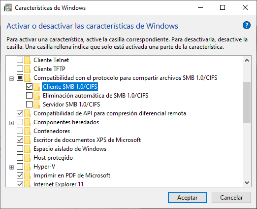 Ventana de las características de Windows con la compatibilidad de archivos SMB 1.0 como cliente activa