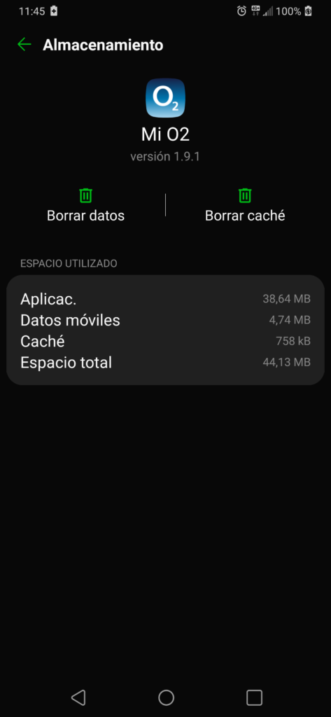Detalle de configuración de los datos de la app Mi O2 en Android