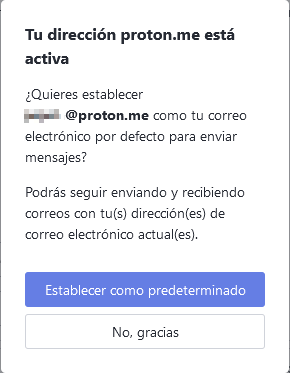 Mensaje de ProtonMail conforme se activó satisfactoriamente el dominio proton.me