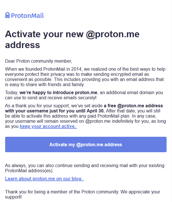 Correo de ProtonMail notificando que es posible activar el dominio proton.me