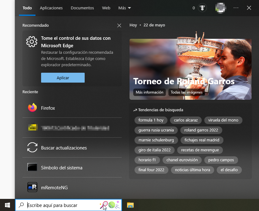 Captura de pantalla de las tendencias de búsqueda tras pulsar en el botón de deportes del cuadro de búsqueda de la barra de tareas en Windows 10